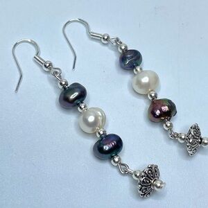 Artisan Silver Plated Dangle Earrings White Peacock Freshwater Pearl Beaded